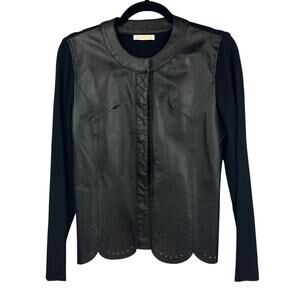 Women’s Caprice Black Leather Laser Cut Scalloped Hem & Knit Sleeves Sz M